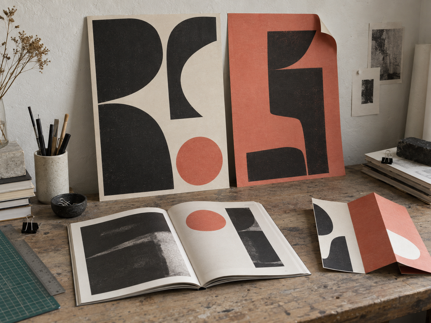 Catálogo y carteles de una exposición con composición gráfica abstracta